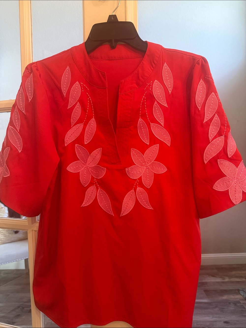 Red Top With pink Floral Embroidered Classic Short Sleeve Size M